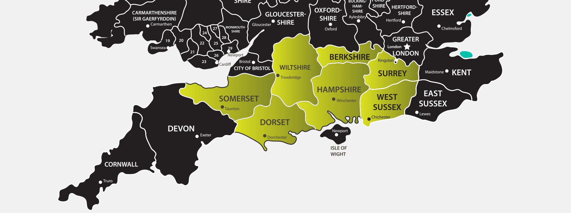 Resinate Surfaces service area map covering Bournemouth, Poole, Christchurch and surrounding Dorset areas